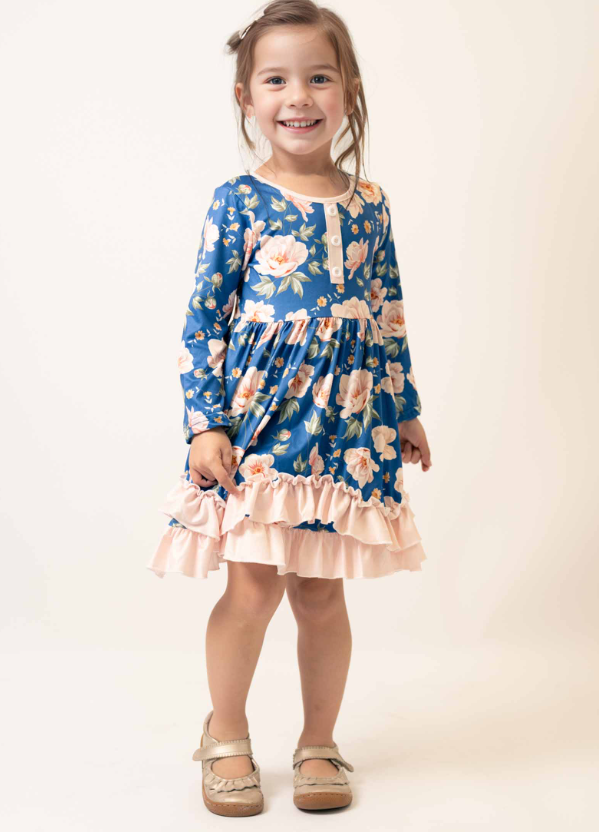 Navy Floral Ruffle Dress