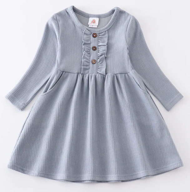 Blue Ribbed Ruffle Dress