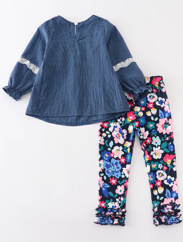 Navy Embroidered Ruffle Set