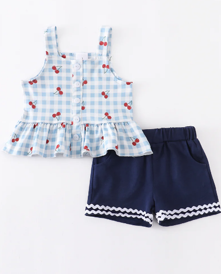 Blue Plaid Cherry Shorts Set