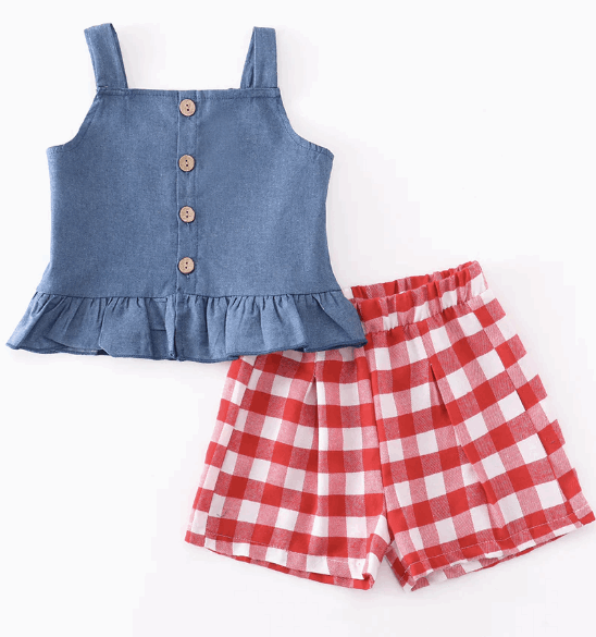 Blue Button Down Plaid Short Set