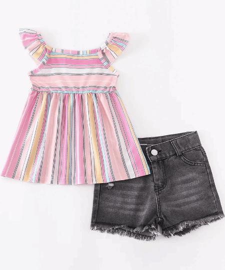 Rainbow Striped Denim Shorts Set