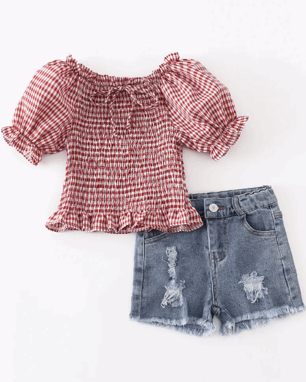 Red Plaid Smocked Denim Shorts Set