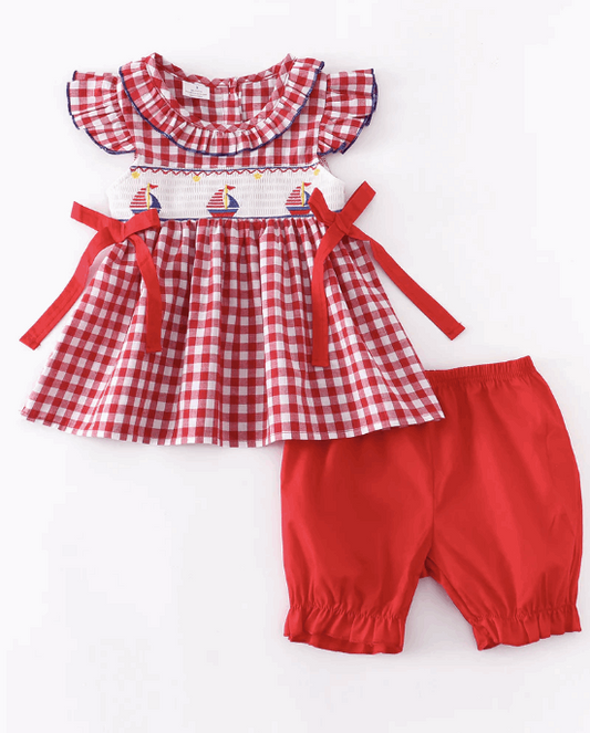 Red Plaid Smocked Sailboat Set