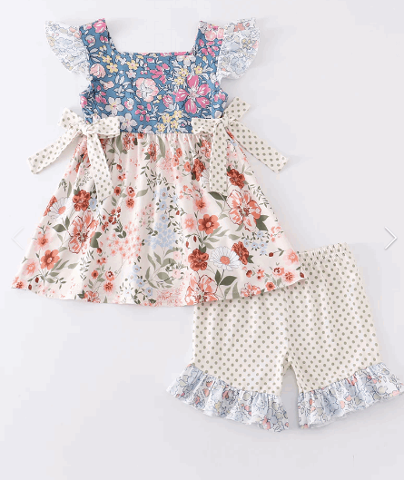 Floral print ruffle bow girl set