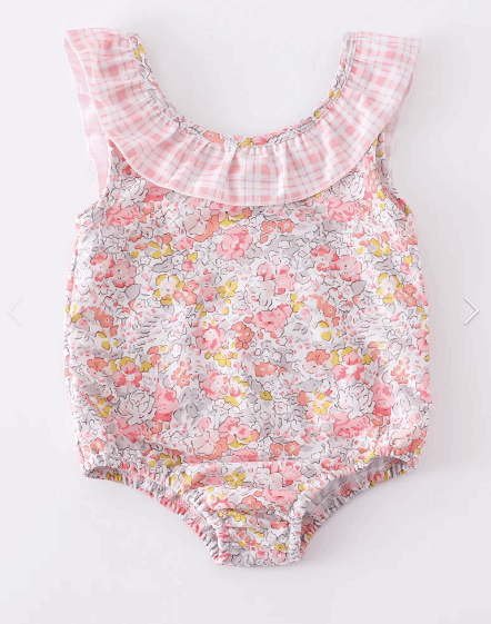 Pink floral print ruffle bow girl swimsuit