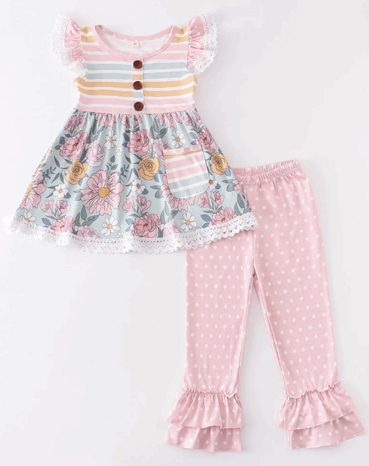 Pink stripe floral print ruffle set