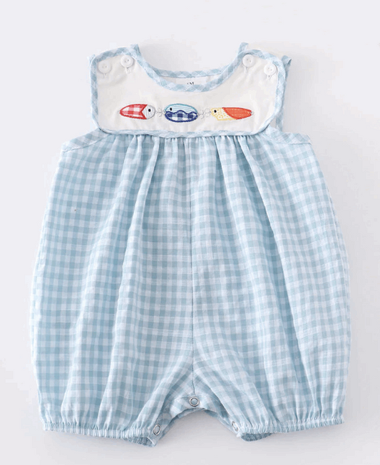 Blue plaid fish applique boy romper