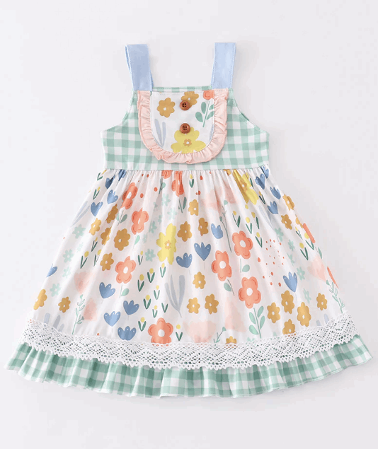 Floral Gingham Ruffle Dress with Lace