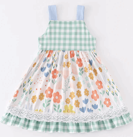 Floral Gingham Ruffle Dress with Lace