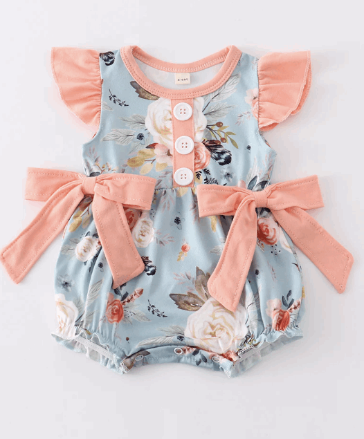 Blue floral print ruffle baby girl bubble