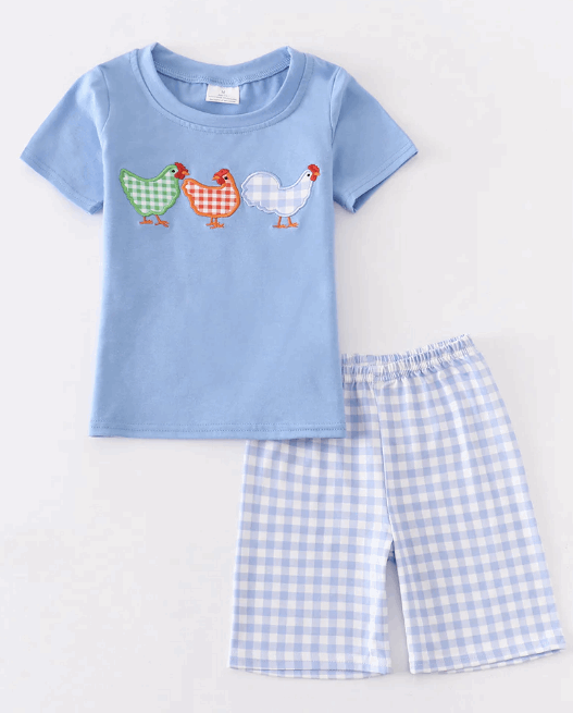 Blue chicken embroidery plaid boy set