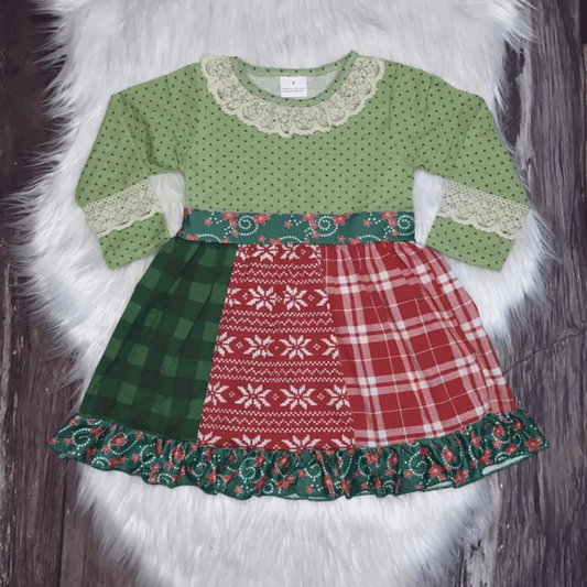 Green and Red Lace Panel Christmas Dress