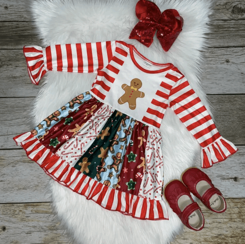 Red & White Gingerbread Cookie Long Sleeve Dress