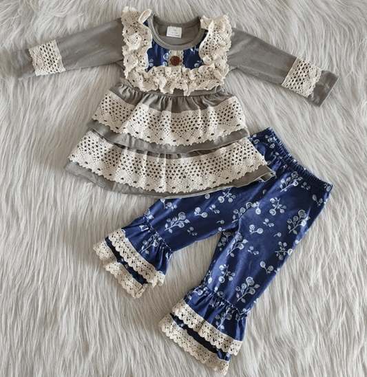 Girls Navy Floral Fall Lace Pants Set