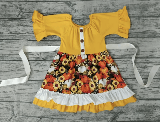 Girls Fall Pumpkin Belt Floral Dress