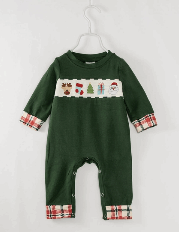 Green Christmas Smocked Boy Romper