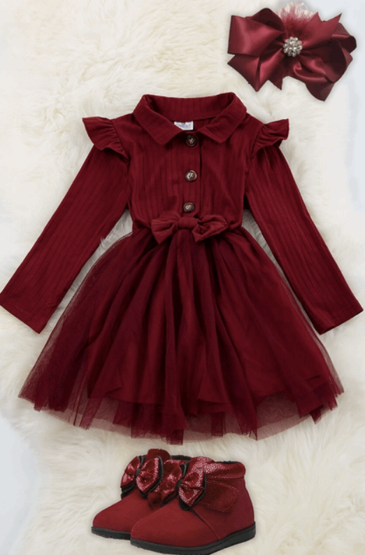 Deep Burgundy Cotton Top and Tulle Skirt Dress