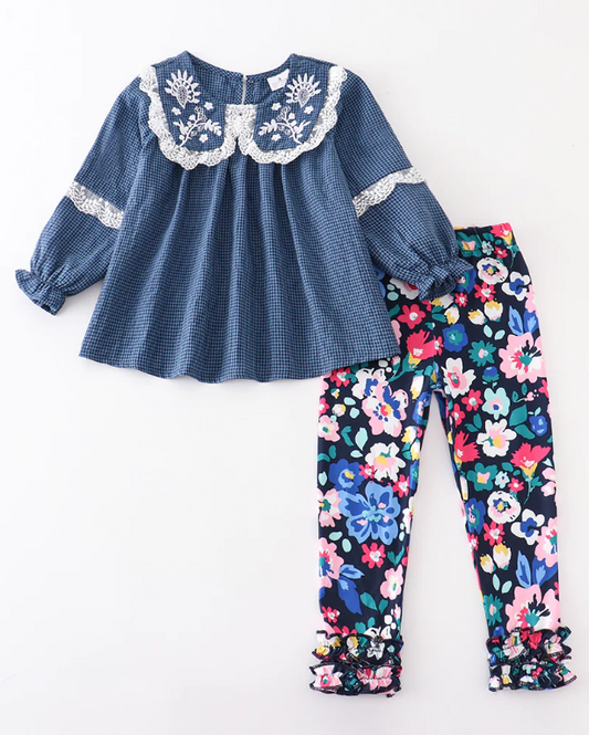 Navy Embroidered Ruffle Set